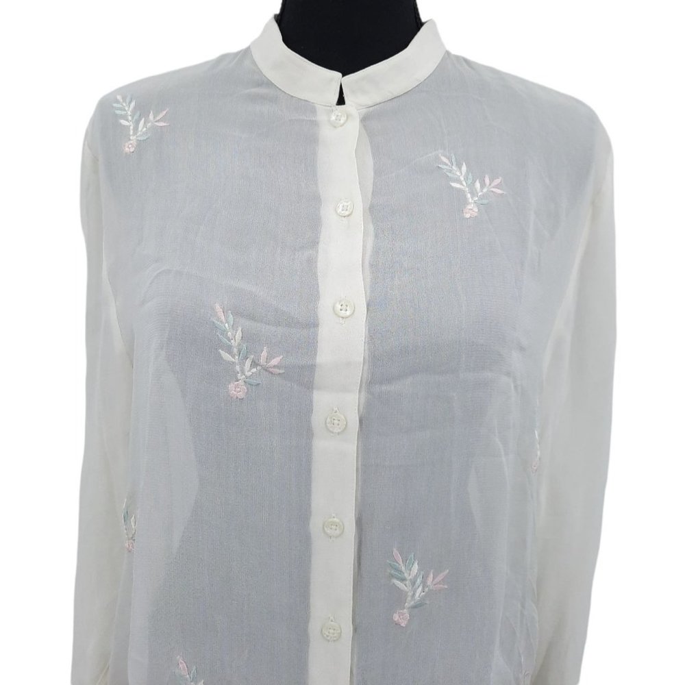 VTG 80s Smithsonian Institution Sheer Chiffon Embroidered Scalloped Hem Blouse M - Picture 3 of 11